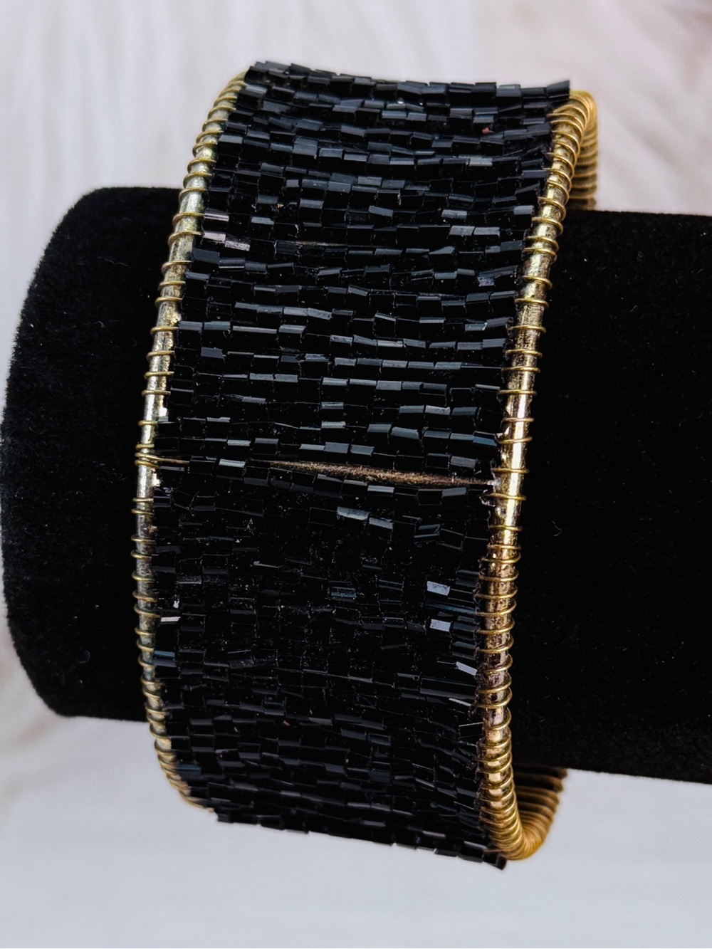 Black Beaded Gold Tone Wide Open Cuff Statement Bracelet